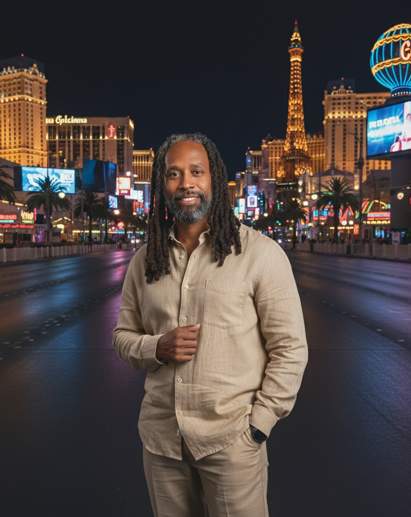 Michale Giovanni standing on the Las Vegas Strip at night