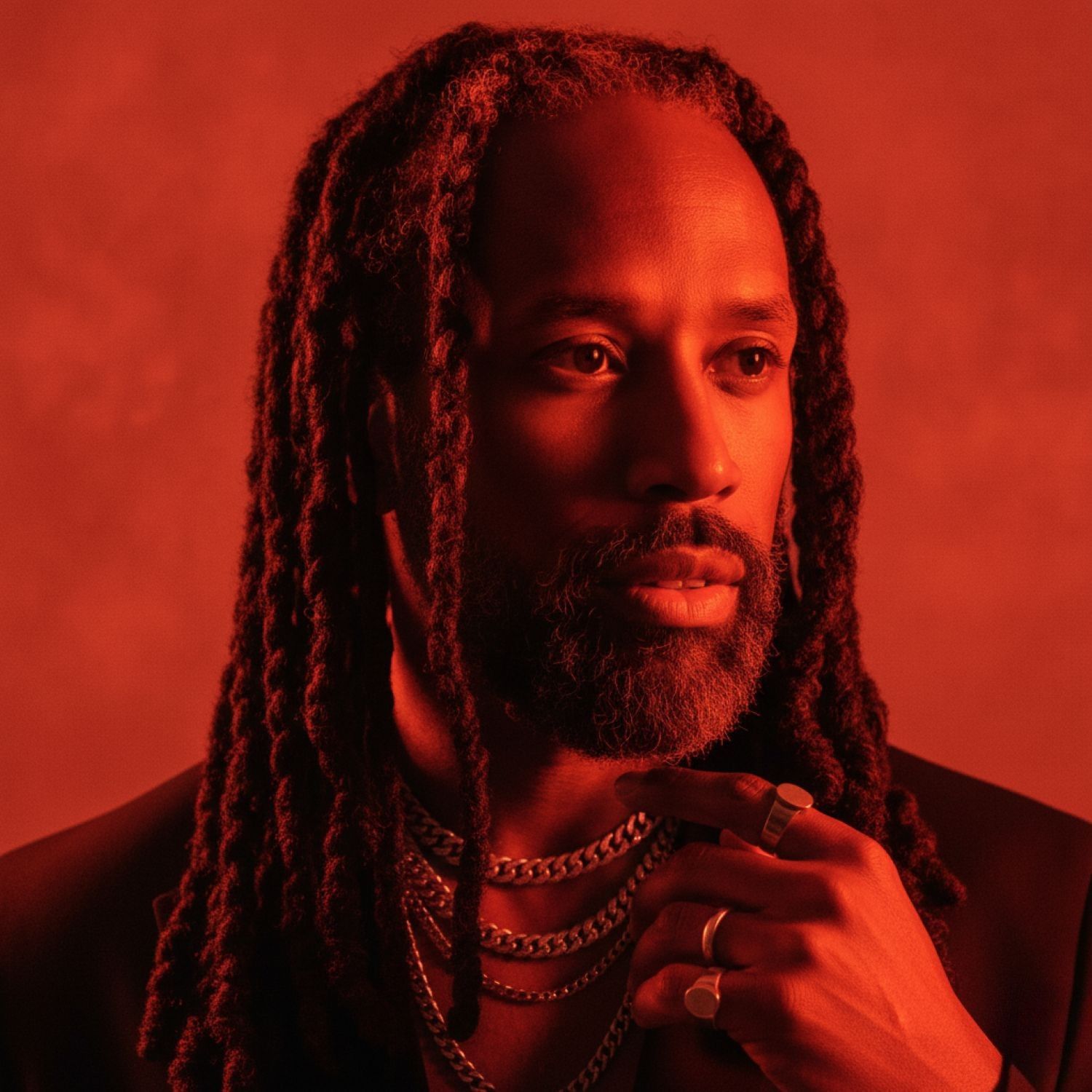 Michale Music close-up portrait with dramatic red lighting